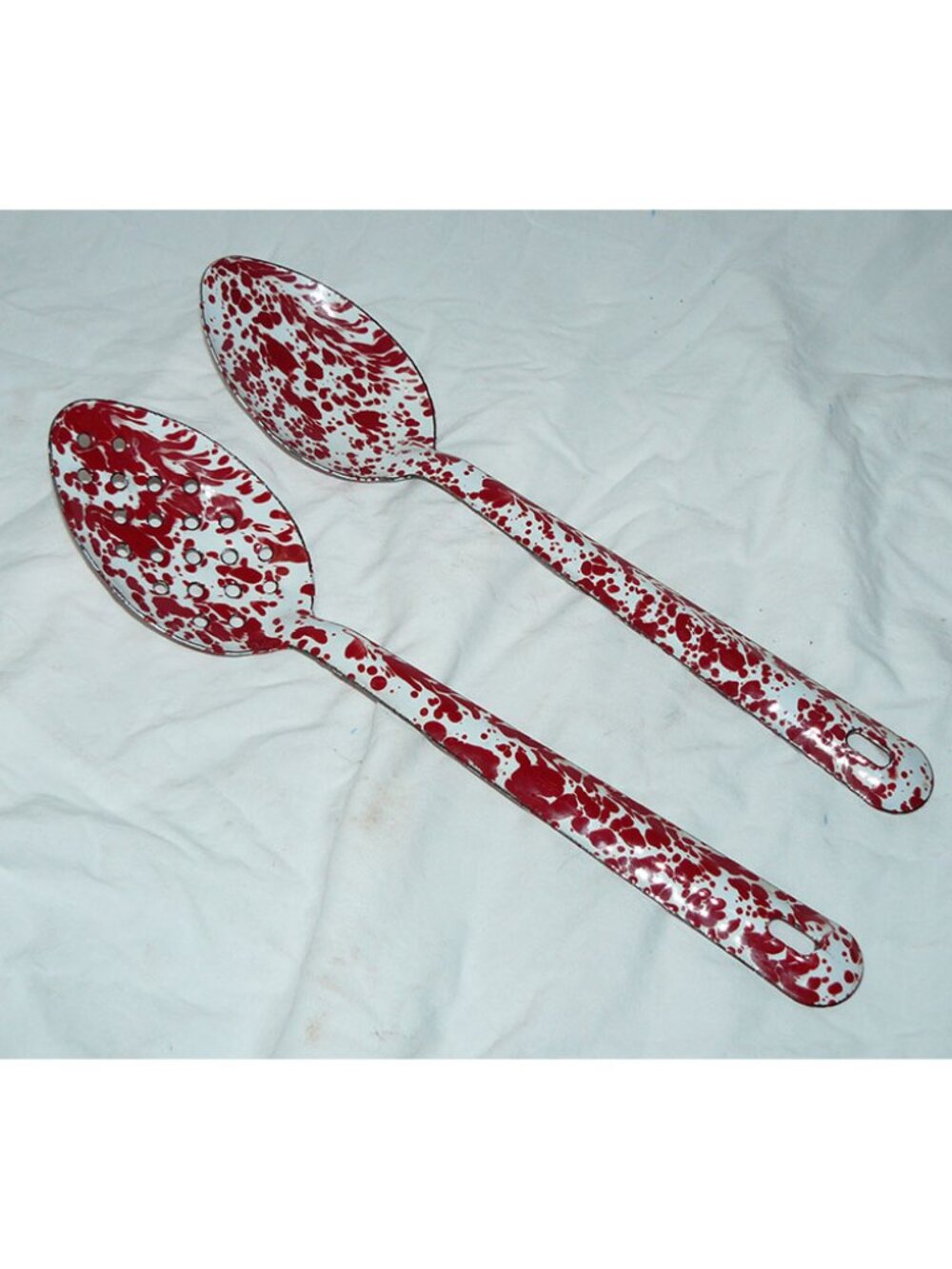 Vintage Enamel Ware Splatterware Red & White Speckle Splatter Serving Spoons
